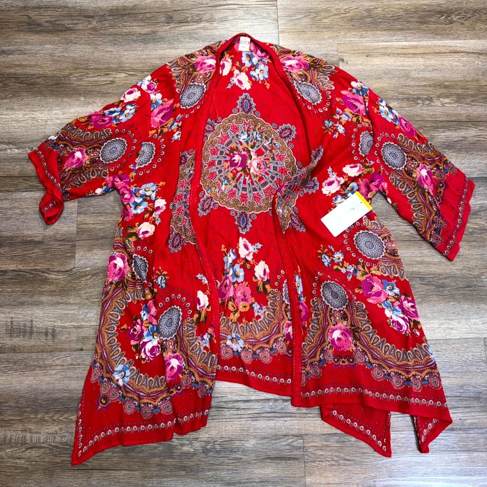 Bila Kimono Cover Up Womens M/L Red Floral Print Bohemian Long Sleeve Open Front